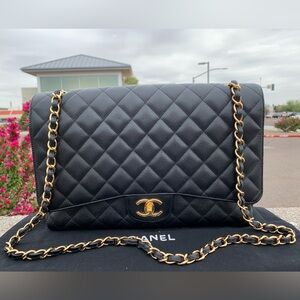 CHANEL Black Caviar Gold Maxi Classic Double Flap Bag